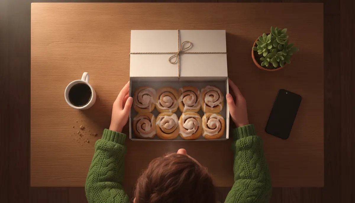 Seen from above, a customer's hands lift the lid of a bakery box tied with string to find a dozen cinnamon rolls, a coffee and a phone beside it.